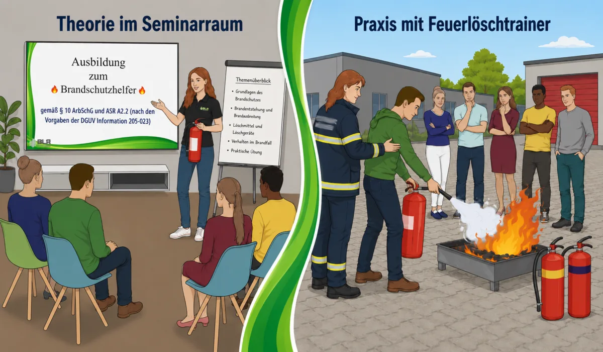 Brandschutzhelfer-Ausbildung mit Theorie im Seminarraum und Praxis am Feuerlöschtrainer