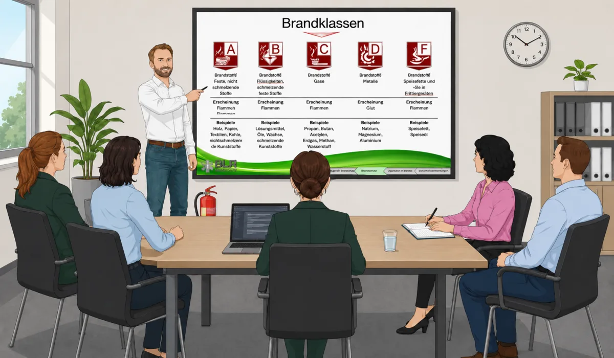 Brandschutzhelfer Inhouse-Schulung im Seminarraum mit Brandklassen