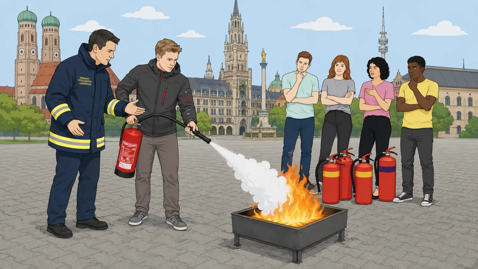 Brandschutzhelfer Ausbildung München mit praktischer Feuerlöscher-Übung vor München-Kulisse